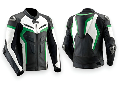 Crafted Leather Design Green Black White Leather Racing Biker Motorcycle Jacket