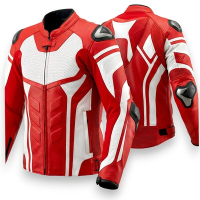 Crafted Leather Design Red White Leather Racing Biker Motorcycle Jacket