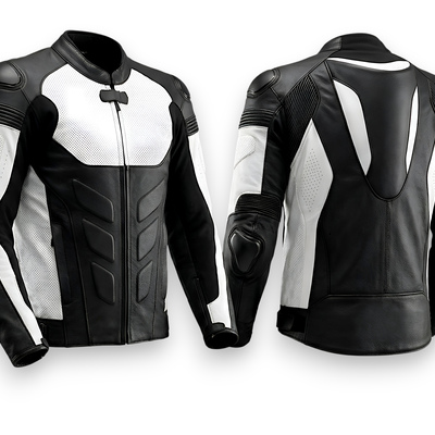 Crafted leather designer racing black white leather biker motorcycle jacket