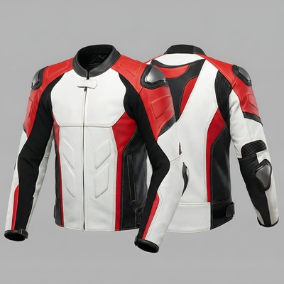 Crafted leather design black red white leather racing biker motorcycle jacket - Thumbnail 2