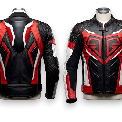 Crafted leather design black red white leather racing biker motorcycle jacket - Thumbnail 1