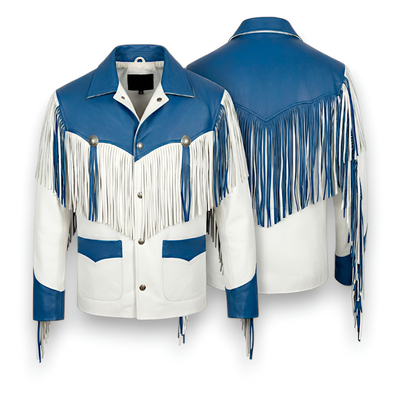 Crafted Leather Design Blue White Leather Fashion Jacket Motorcycle