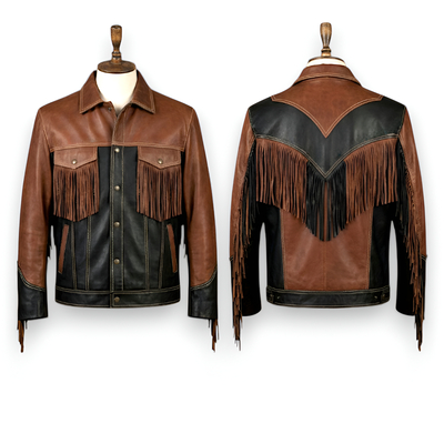 Crafted leather design brown black leather fashion jacket motorcycle - Thumbnail 2