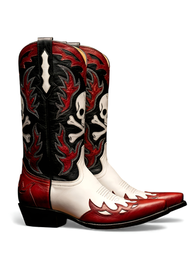 Crafted Leather Black/White/Red Leather Cowboy Pointed Toe Boot