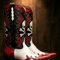 Crafted Leather Black/White/Red Leather Cowboy Pointed Toe Boot - Thumbnail 1