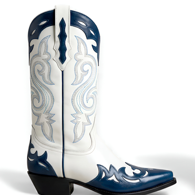 Crafted leather blue/white fancy cowboy elegant decorative stitching pointed toe boot