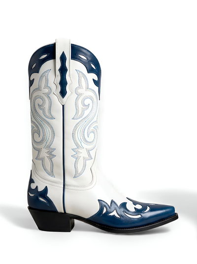 Crafted Leather Blue/White Fancy Cowboy Elegant Decorative Stitching Pointed Toe Boot