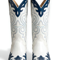 Crafted Leather Blue/White Fancy Cowboy Elegant Decorative Stitching Pointed Toe Boot - Thumbnail 1