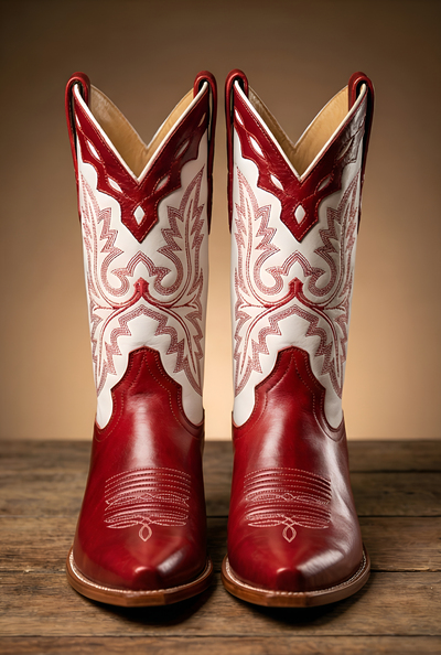 Crafted Leather Classic Red White Leather Cowboy Pointed Toe Boot