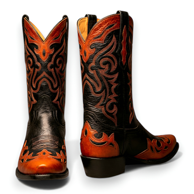 Crafted leather classic orange / black leather cowboy pointed toe boot
