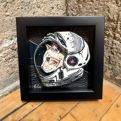 "catstronaut" limited edition print shadowbox