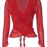 Sexy low-cut V-neck ruffled fitted flared long-sleeved top - Thumbnail 1