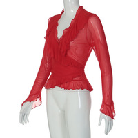 Sexy low-cut V-neck ruffled fitted flared long-sleeved top - Thumbnail 4