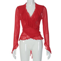 Sexy low-cut V-neck ruffled fitted flared long-sleeved top - Thumbnail 5