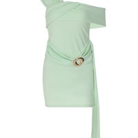 Off-shoulder ruched high-waisted dress with ribbons - Thumbnail 2