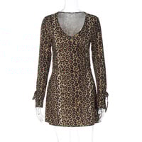 Fashionable and sexy printed leopard print U-neck long-sleeved bodycon dress - Thumbnail 1
