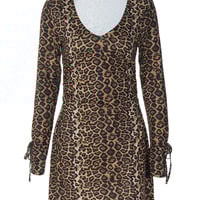 Fashionable and sexy printed leopard print U-neck long-sleeved bodycon dress - Thumbnail 4