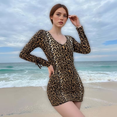 Fashionable and sexy printed leopard print U-neck long-sleeved bodycon dress