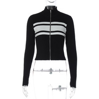 Stylish color-blocked zip-up cardigan top - Thumbnail 1