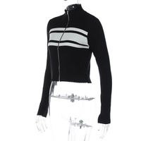 Stylish color-blocked zip-up cardigan top - Thumbnail 4