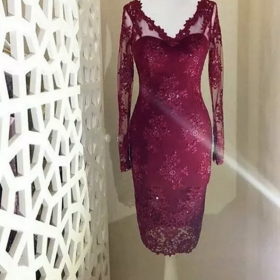Burgundy red lace mother of the bride dresses v neck long sleeves sheath tea length dark red mother groom dresses evening party wear,1169