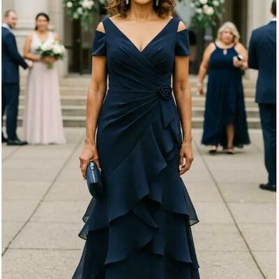 Navy blue sheath chiffon mother of bride/groom dress evening formal gown,1170