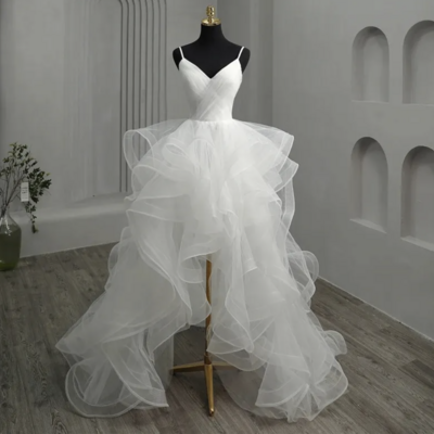 Short front long back gothic white wedding dress spaghetti straps deep v neck high-low tulle bridal formal party gowns vestidos de novia,1171
