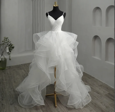 Short Front Long Back Gothic White Wedding Dress Spaghetti Straps Deep V Neck High-low Tulle Bridal Formal Party Gowns Vestidos De Novia,1171