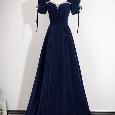 Navy velvet square neck long a-line prom evening gown - Thumbnail 1