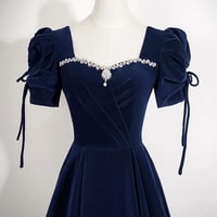 Navy Velvet Square Neck Long A-Line Prom Evening Gown - Thumbnail 1