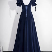 Navy Velvet Square Neck Long A-Line Prom Evening Gown - Thumbnail 2