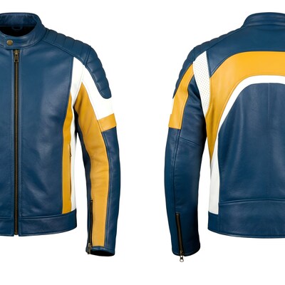 Crafted leather design racing blue yellow and white biker motorcycle jacket - Thumbnail 3
