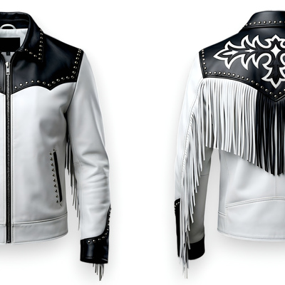 Crafted leather design black white silver studded leather fashion jacket motorcycle