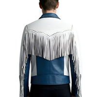 Crafted Leather Design Blue White Silver Studded Leather Fashion Jacket Motorcycle - Thumbnail 1