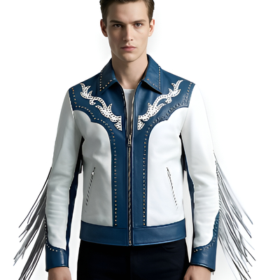 Crafted leather design blue white silver studded leather fashion jacket motorcycle