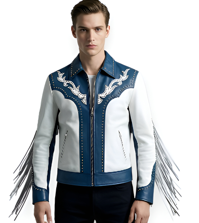Crafted Leather Design Blue White Silver Studded Leather Fashion Jacket Motorcycle