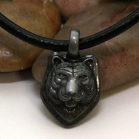 Tiger Spirit Necklace – Black Leather Cord with Antique Pewter Tiger Head Pendant - Thumbnail 1