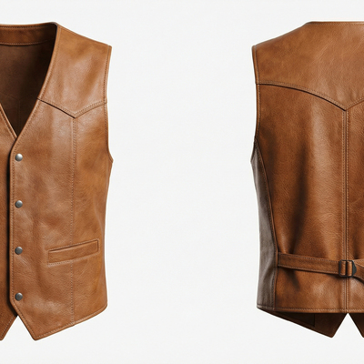 Crafted leather design tan brown leather vest - Thumbnail 3