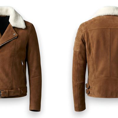 Crafted leather design brown suede white fur bomber jacket motorcycle - Thumbnail 1