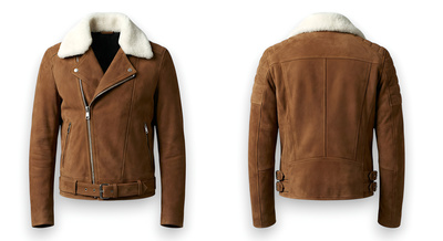 Crafted Leather Design Brown Suede White Fur Bomber Jacket Motorcycle
