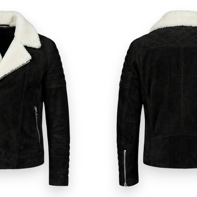 Crafted leather design black suede white fur bomber jacket motorcycle - Thumbnail 3