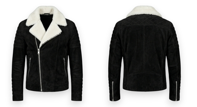 Crafted Leather Design Black Suede White Fur Bomber Jacket Motorcycle