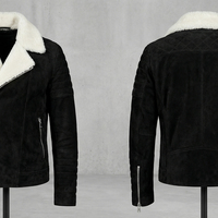 Crafted Leather Design Black Suede White Fur Bomber Jacket Motorcycle - Thumbnail 1