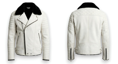 Crafted Leather Design White Leather Black Fur Bomber Jacket Motorcycle