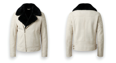 Crafted Leather Design White Leather Black Fur Bomber Jacket Motorcycle