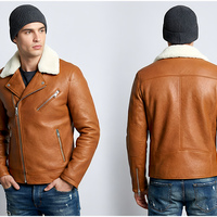 Crafted Leather Design Tan Leather Biker jacket White Fur Collar Front Zipper and Zipper Pockets - Thumbnail 1