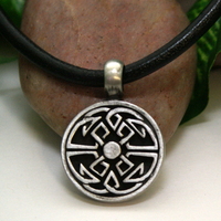 Celtic Knot Necklace – Black Leather Cord with Antique Pewter Celtic Knot Round Pendant - Thumbnail 1