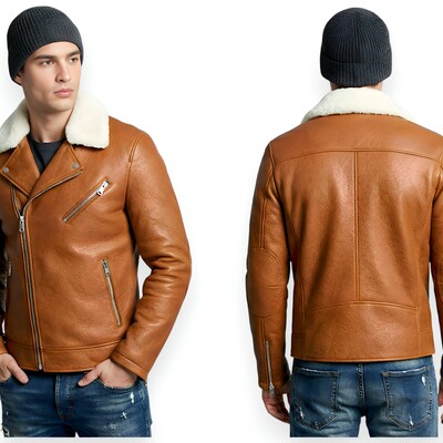 Crafted leather design tan leather biker jacket white fur collar front zipper and zipper pockets - Thumbnail 1