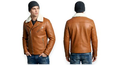 Crafted Leather Design Tan Leather Biker jacket White Fur Collar Front Zipper and Zipper Pockets