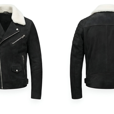 Crafted leather design black suede white fur bomber jacket motorcycle